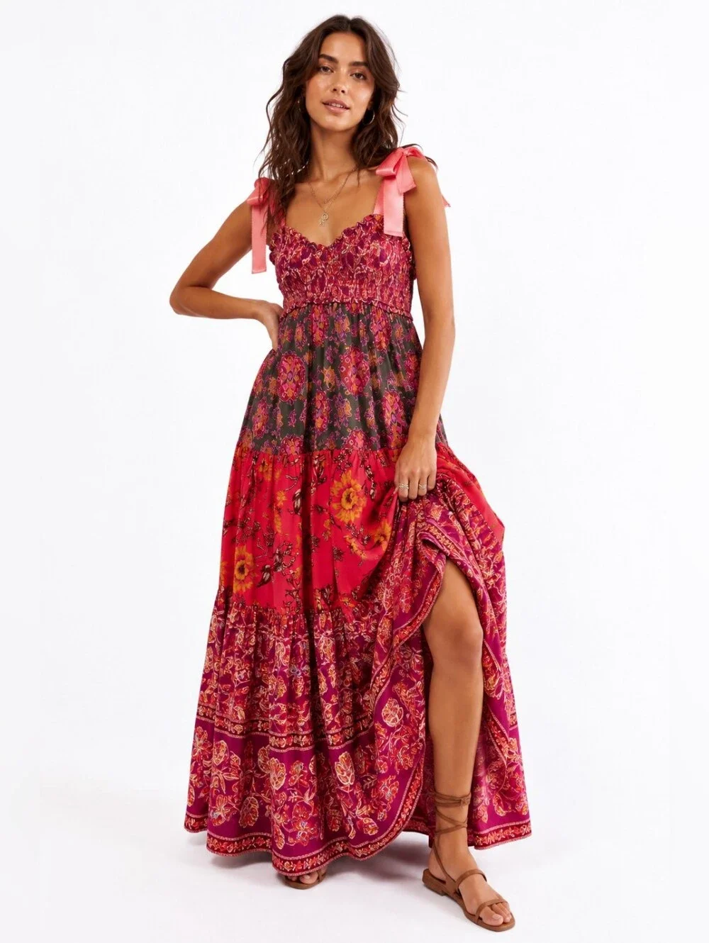 Free People Bluebell Maxi Dress Magenta Combo Floral Boho Smocked Pockets Sz S - Picture 1 of 16